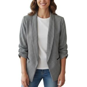 Rachel Zoe Classic Houndstooth Ruched Sleeve Open Front Pockets Blazer Medium